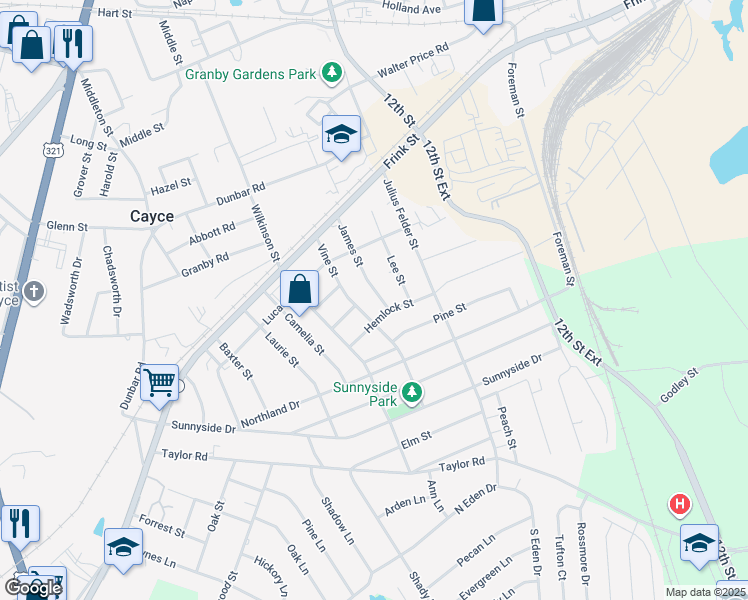 map of restaurants, bars, coffee shops, grocery stores, and more near 2336 James Street in Cayce