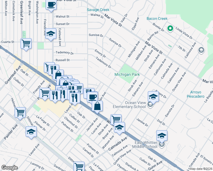 map of restaurants, bars, coffee shops, grocery stores, and more near 14080 2nd Street in Whittier
