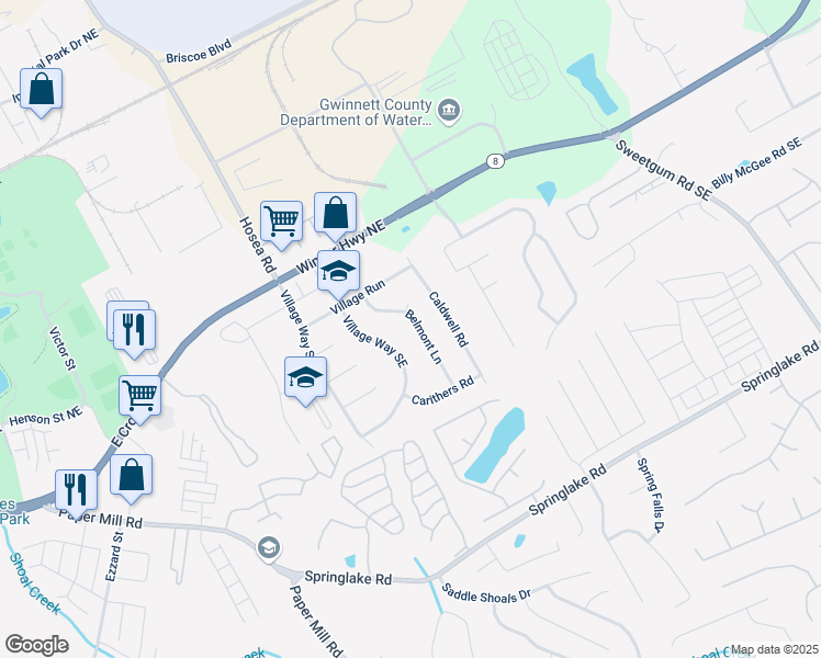 map of restaurants, bars, coffee shops, grocery stores, and more near 129 Belmont Lane in Lawrenceville