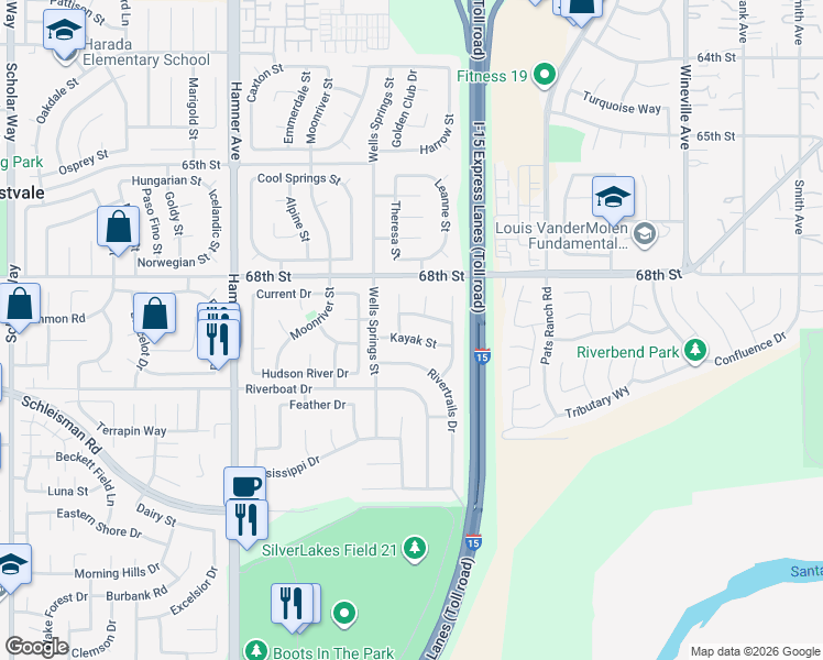map of restaurants, bars, coffee shops, grocery stores, and more near 6879 Lindsey Court in Eastvale