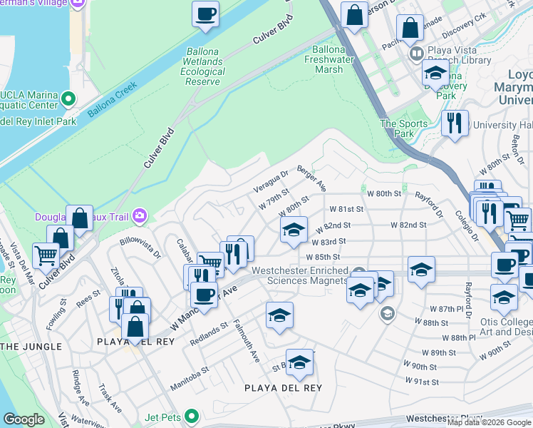 map of restaurants, bars, coffee shops, grocery stores, and more near 7831 West 80th Street in Los Angeles