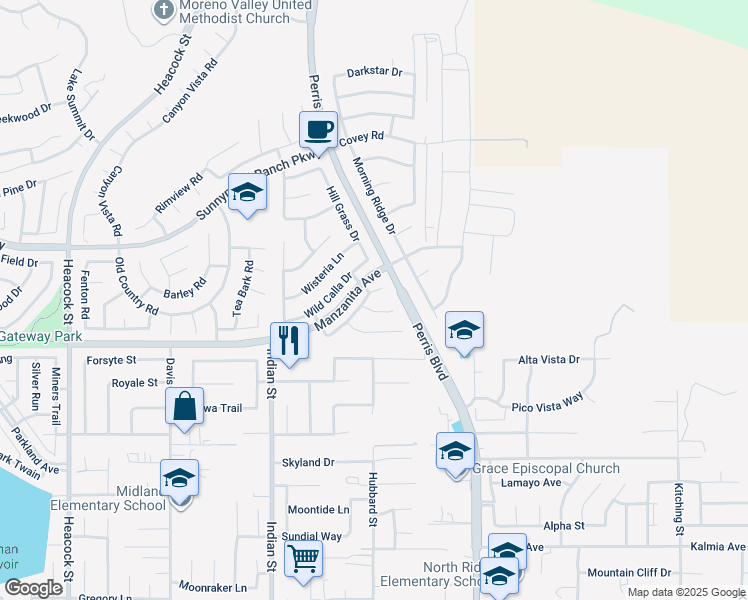 map of restaurants, bars, coffee shops, grocery stores, and more near 24735 Thornberry Circle in Moreno Valley
