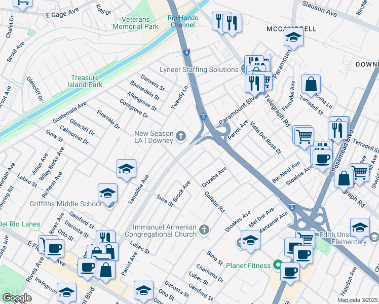 map of restaurants, bars, coffee shops, grocery stores, and more near 9022 Paramount Boulevard in Downey