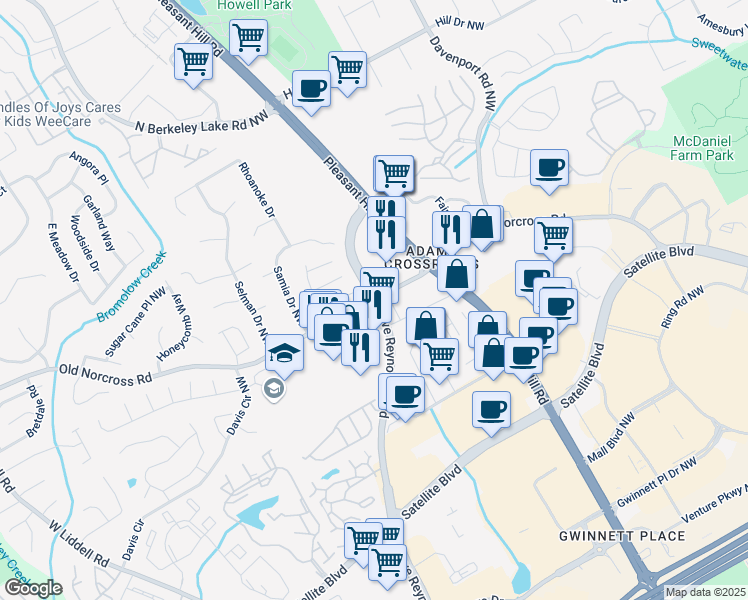 map of restaurants, bars, coffee shops, grocery stores, and more near Steve Reynolds Blvd & Old Norcross Rd in Duluth