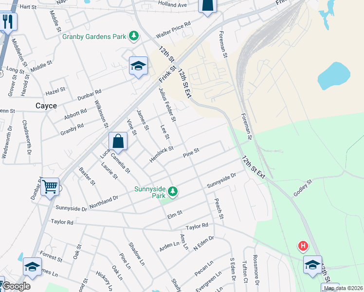 map of restaurants, bars, coffee shops, grocery stores, and more near 2400 Julius Felder Street in Cayce