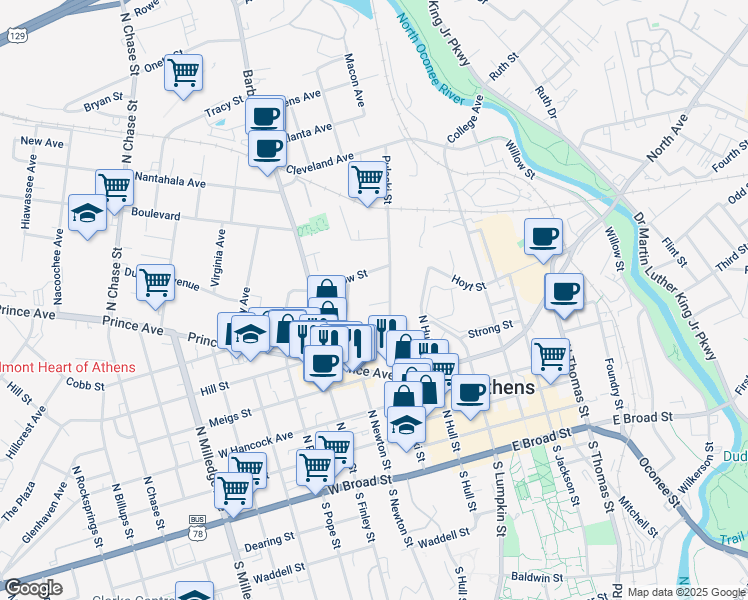 map of restaurants, bars, coffee shops, grocery stores, and more near 561 Pulaski Street in Athens