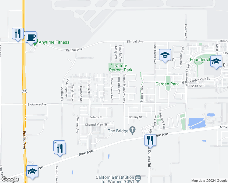 map of restaurants, bars, coffee shops, grocery stores, and more near 7639 Daphne Street in Chino