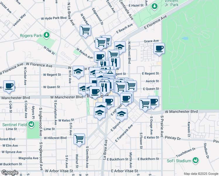 map of restaurants, bars, coffee shops, grocery stores, and more near 304 East Queen Street in Inglewood