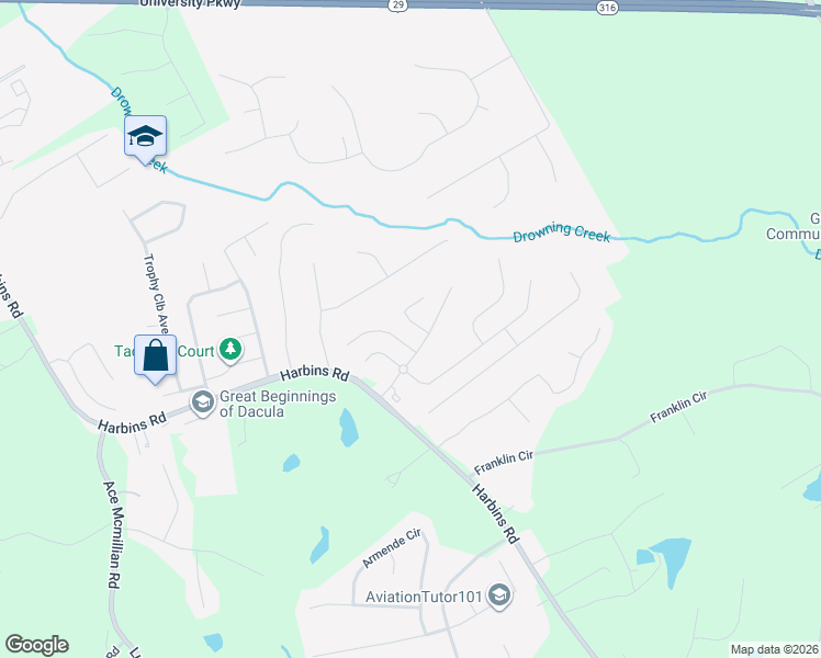 map of restaurants, bars, coffee shops, grocery stores, and more near 1353 Skipping Stone Court in Dacula