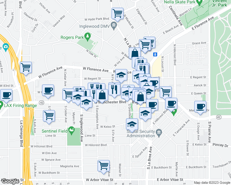 map of restaurants, bars, coffee shops, grocery stores, and more near 140 West Queen Street in Inglewood