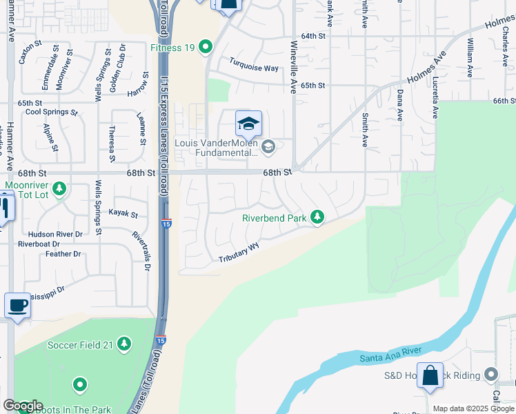 map of restaurants, bars, coffee shops, grocery stores, and more near 11899 Shallows Drive in Jurupa Valley