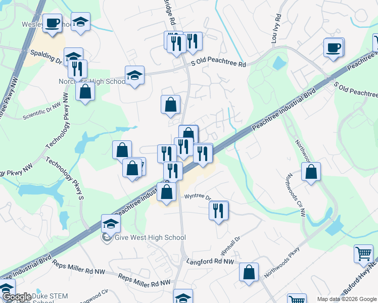 map of restaurants, bars, coffee shops, grocery stores, and more near 3230 Medlock Bridge Road in Norcross