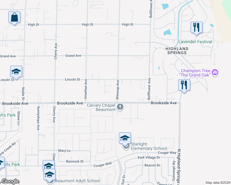 map of restaurants, bars, coffee shops, grocery stores, and more near 10921 Winesap Avenue in Cherry Valley