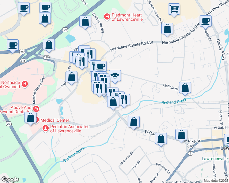 map of restaurants, bars, coffee shops, grocery stores, and more near 501 West Pike Street in Lawrenceville