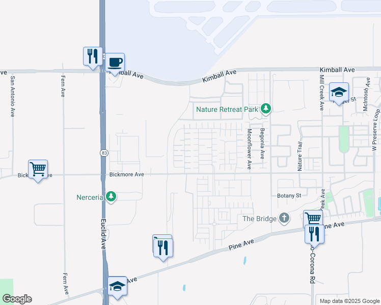 map of restaurants, bars, coffee shops, grocery stores, and more near 16017 Tanzinite Lane in Chino