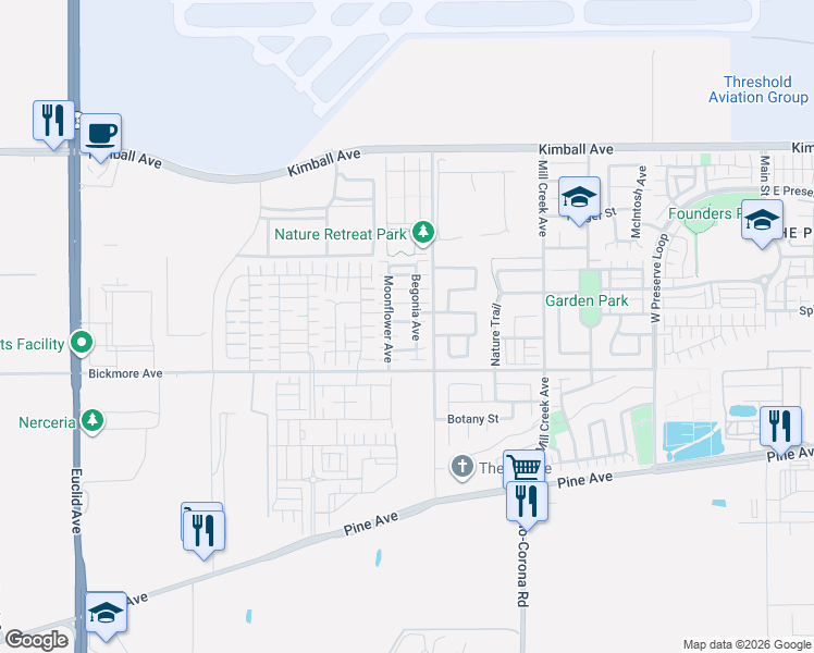 map of restaurants, bars, coffee shops, grocery stores, and more near 7669 Daphne Street in Chino