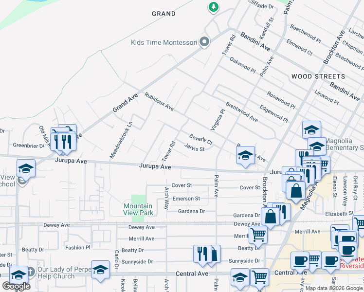 map of restaurants, bars, coffee shops, grocery stores, and more near 4690 Jarvis Street in Riverside