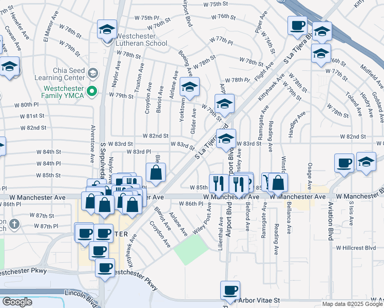map of restaurants, bars, coffee shops, grocery stores, and more near 8308 Flight Avenue in Los Angeles
