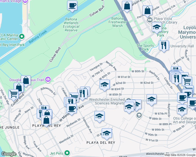 map of restaurants, bars, coffee shops, grocery stores, and more near 7831 West 80th Street in Los Angeles