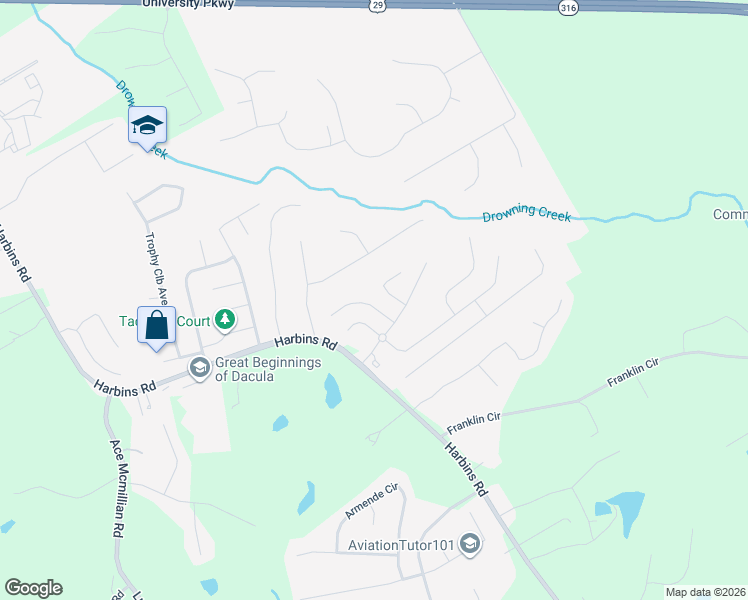 map of restaurants, bars, coffee shops, grocery stores, and more near 1353 Skipping Stone Court in Dacula