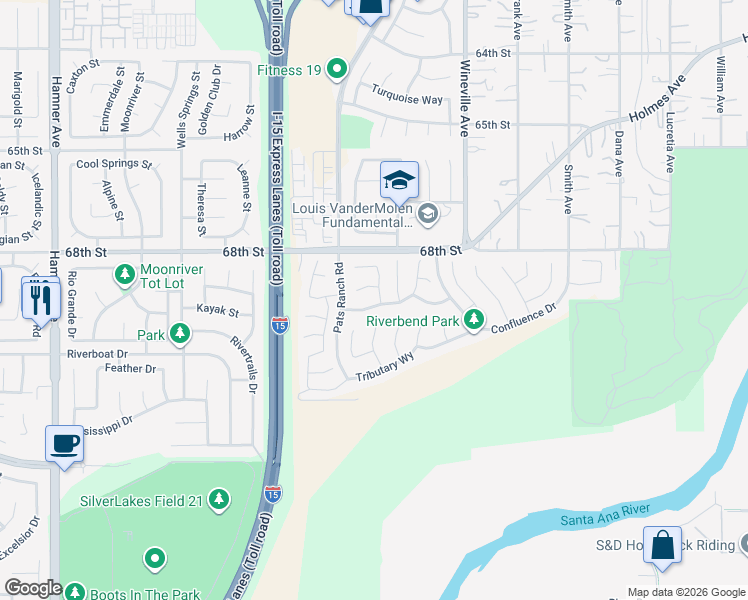 map of restaurants, bars, coffee shops, grocery stores, and more near 11990 Meander Way in Jurupa Valley