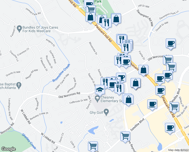 map of restaurants, bars, coffee shops, grocery stores, and more near 3833 Selman Court in Duluth