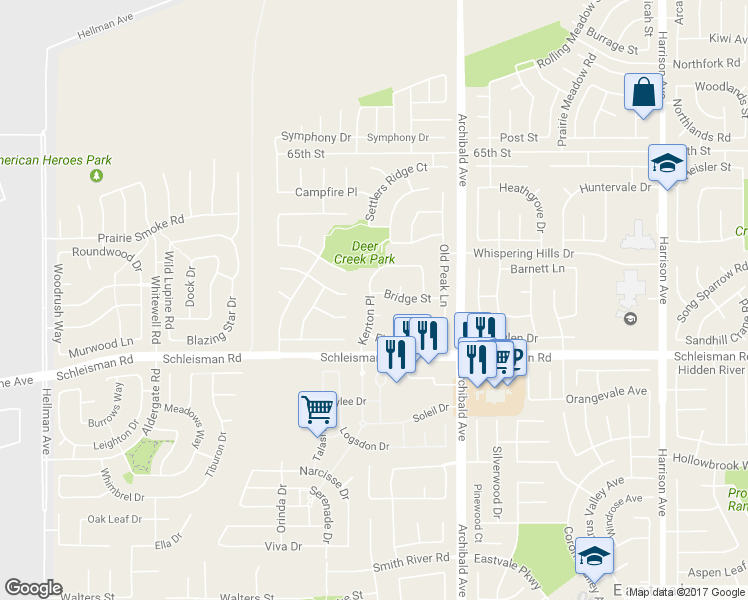 map of restaurants, bars, coffee shops, grocery stores, and more near 14371 Bridge Street in Corona