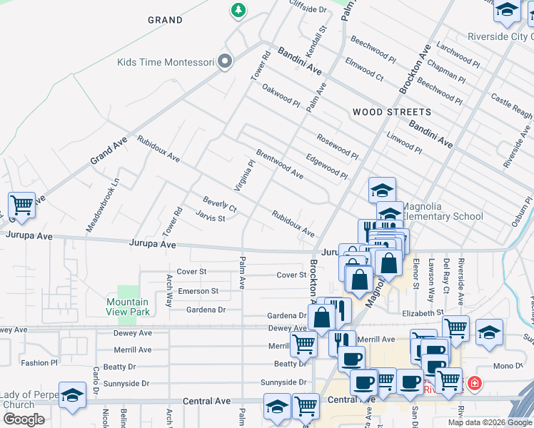 map of restaurants, bars, coffee shops, grocery stores, and more near 4391 Rubidoux Avenue in Riverside