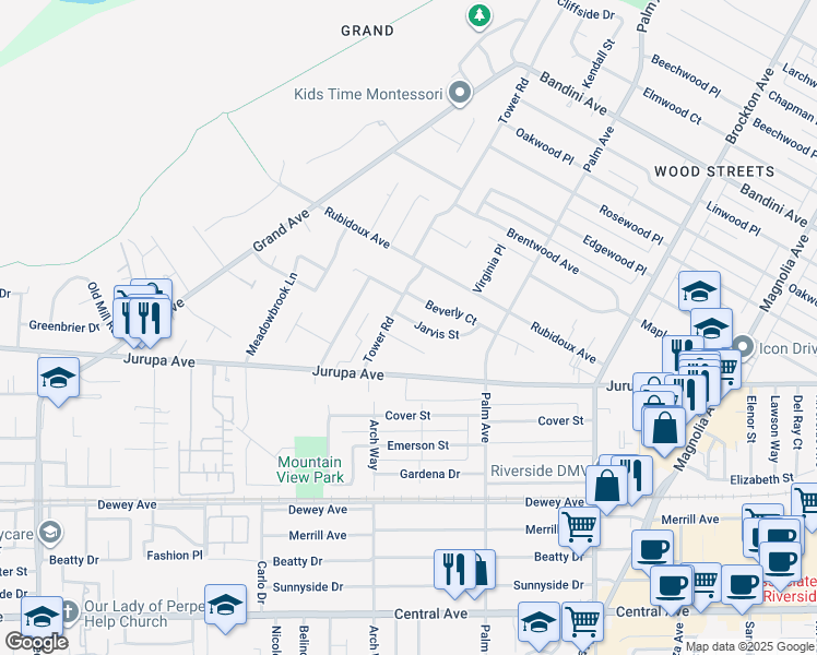 map of restaurants, bars, coffee shops, grocery stores, and more near 4671 Jarvis Street in Riverside
