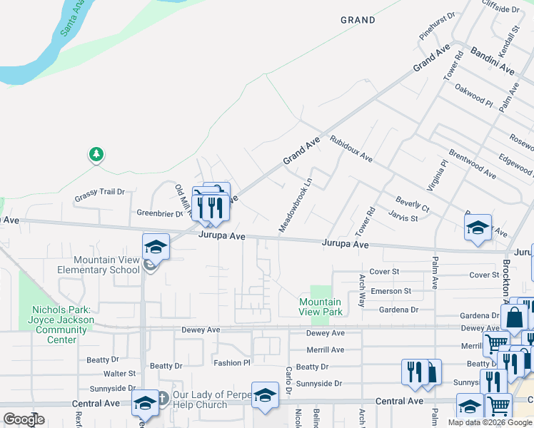 map of restaurants, bars, coffee shops, grocery stores, and more near 4963 Carlingford Avenue in Riverside