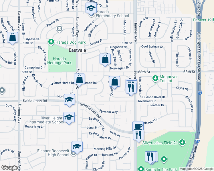map of restaurants, bars, coffee shops, grocery stores, and more near 6893 Lancelot Drive in Corona