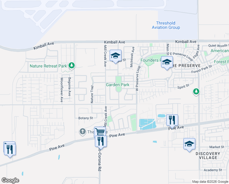 map of restaurants, bars, coffee shops, grocery stores, and more near 16011 Crosswind Avenue in Chino