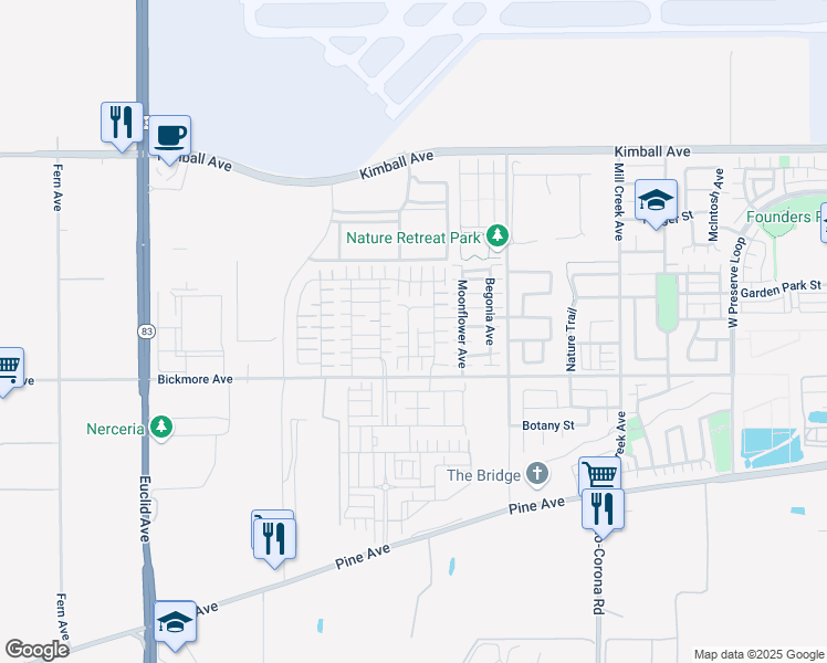 map of restaurants, bars, coffee shops, grocery stores, and more near 7569 Spitfire Street in Chino