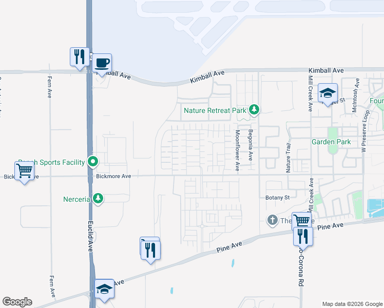 map of restaurants, bars, coffee shops, grocery stores, and more near 7470 Galloway Lane in Chino
