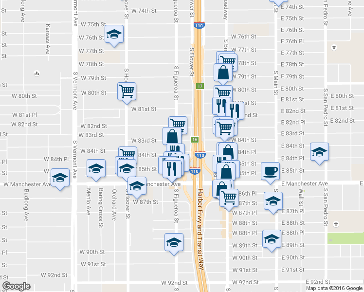 map of restaurants, bars, coffee shops, grocery stores, and more near 8406 South Figueroa Street in Los Angeles