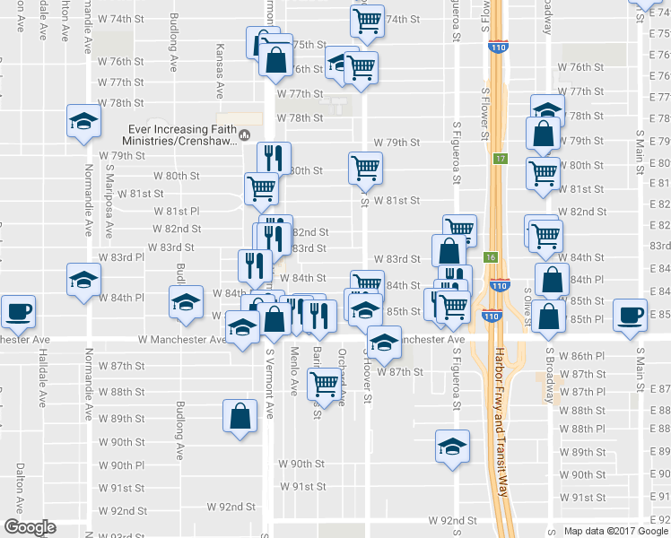 map of restaurants, bars, coffee shops, grocery stores, and more near 836 West 83rd Street in Los Angeles