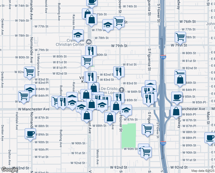 map of restaurants, bars, coffee shops, grocery stores, and more near 836 West 83rd Street in Los Angeles
