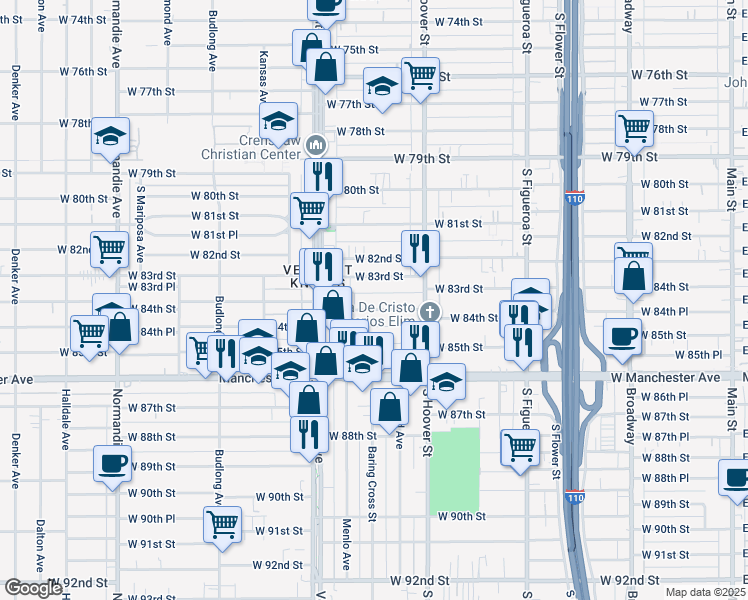 map of restaurants, bars, coffee shops, grocery stores, and more near 918 West 83rd Street in Los Angeles