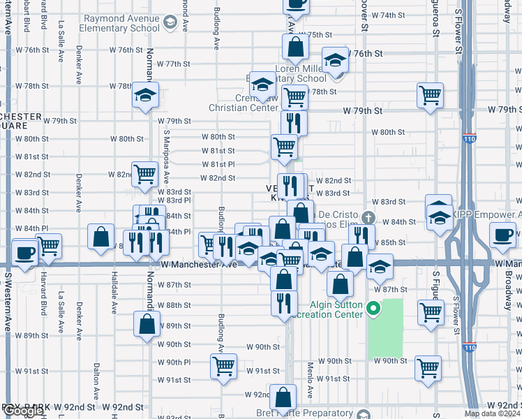 map of restaurants, bars, coffee shops, grocery stores, and more near 1031 West 84th Street in Los Angeles