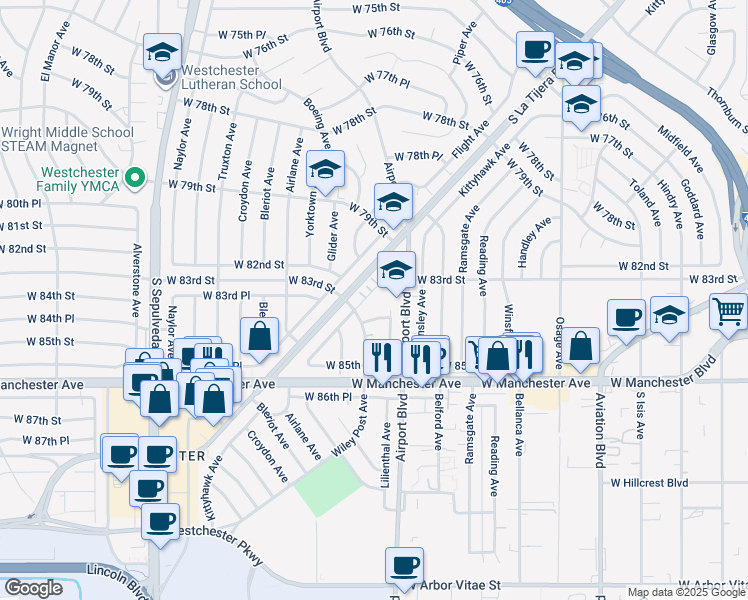 map of restaurants, bars, coffee shops, grocery stores, and more near 8337 Kittyhawk Avenue in Los Angeles