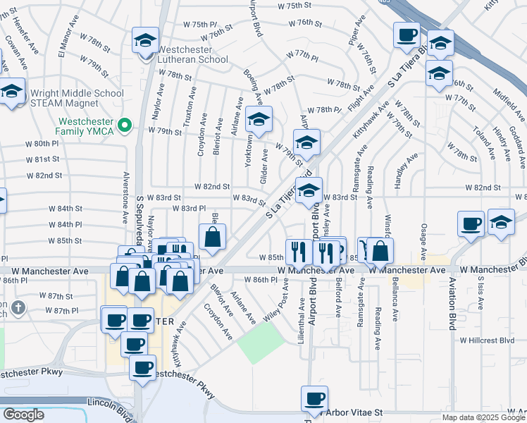 map of restaurants, bars, coffee shops, grocery stores, and more near 6001 West 83rd Place in Los Angeles