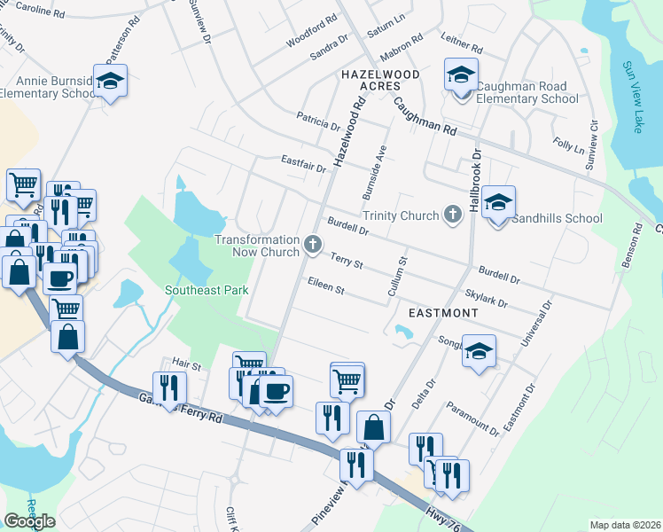 map of restaurants, bars, coffee shops, grocery stores, and more near 7520 Terry Street in Columbia