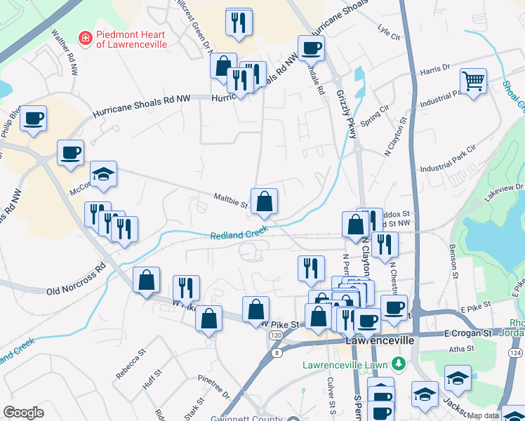 map of restaurants, bars, coffee shops, grocery stores, and more near 378 Maltbie Street in Lawrenceville