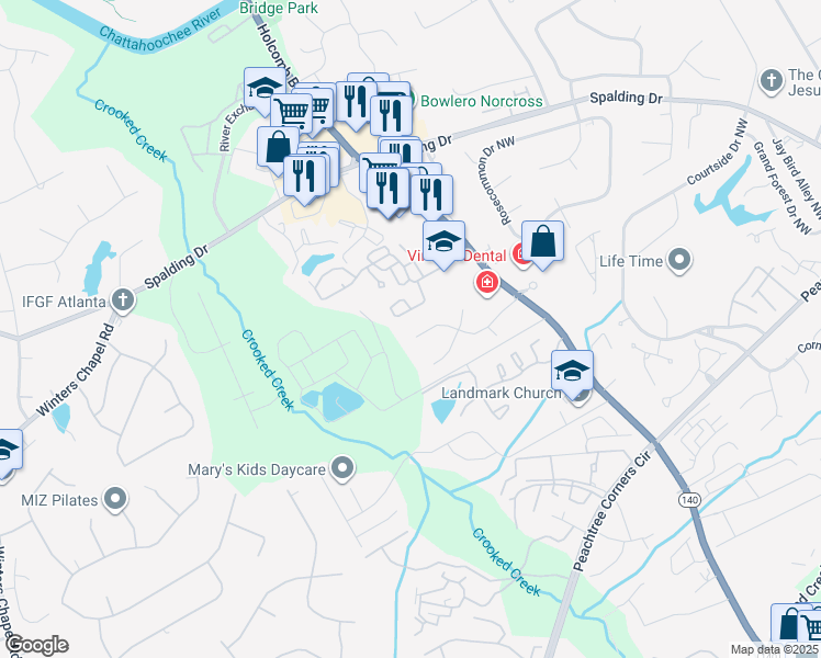 map of restaurants, bars, coffee shops, grocery stores, and more near 6222 Meadow Run Court in Norcross