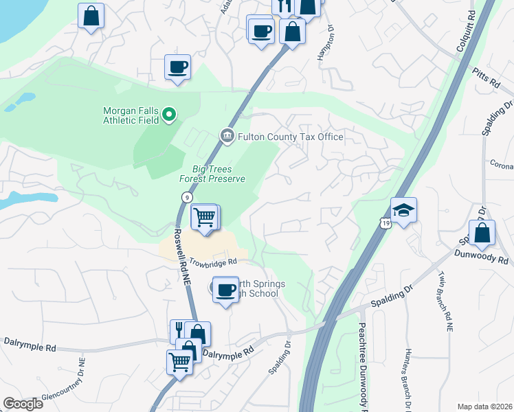 map of restaurants, bars, coffee shops, grocery stores, and more near 72 Spalding Trail Northeast in Atlanta