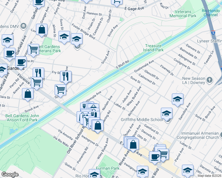 map of restaurants, bars, coffee shops, grocery stores, and more near 7406 Ivo St in Downey