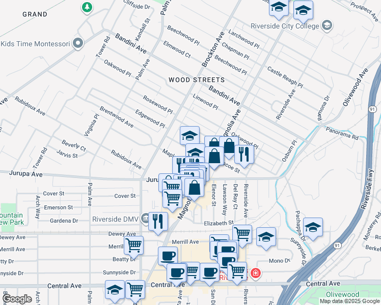 map of restaurants, bars, coffee shops, grocery stores, and more near 3975 Maplewood Place in Riverside