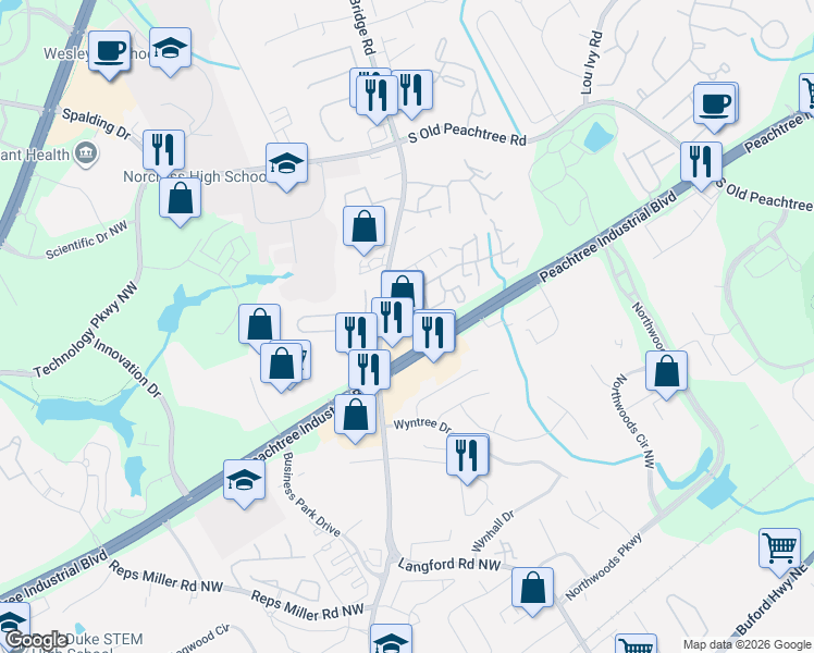 map of restaurants, bars, coffee shops, grocery stores, and more near 3230 Medlock Bridge Road in Norcross