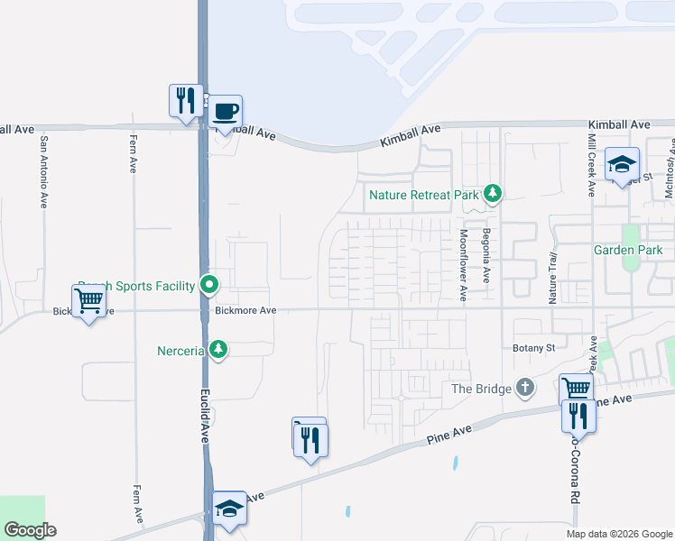 map of restaurants, bars, coffee shops, grocery stores, and more near 7339 Portia Lane in Chino