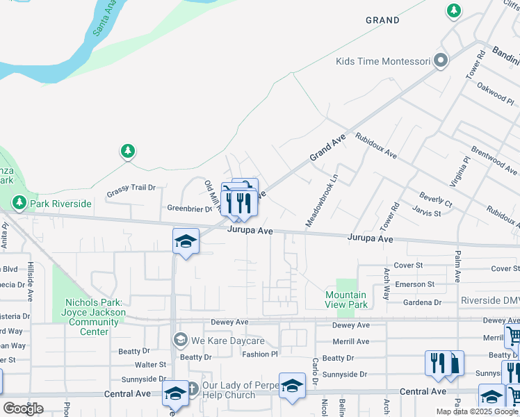 map of restaurants, bars, coffee shops, grocery stores, and more near 5938 Grand Avenue in Riverside